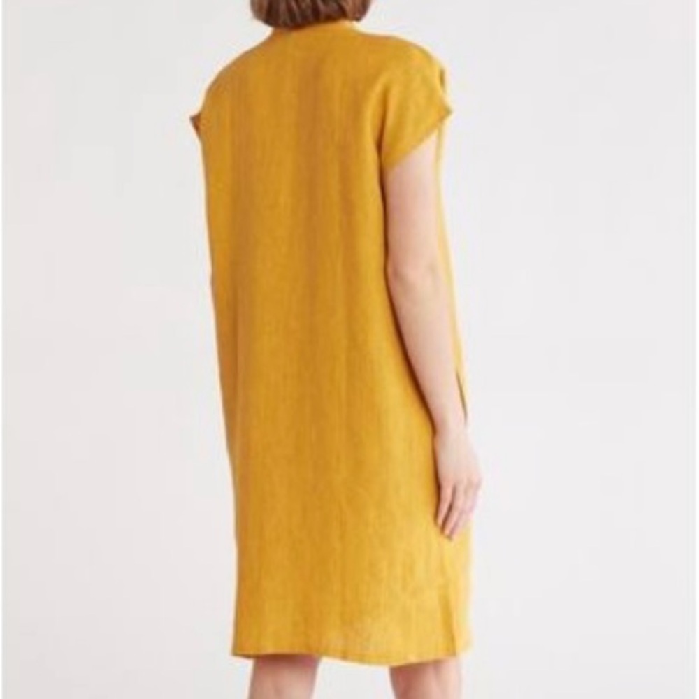 Eileen Fisher Mustard Yellow Button-Up organic linen short sleeve Dress - Picture 16 of 16